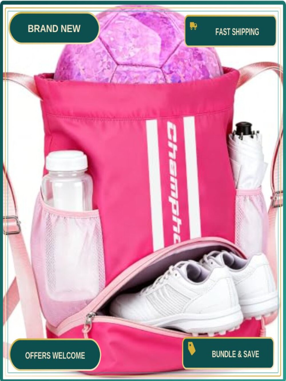 Nylon Drawstring Backpack Soccer Bag with Shoes Compartment Wet/Dry Pocket